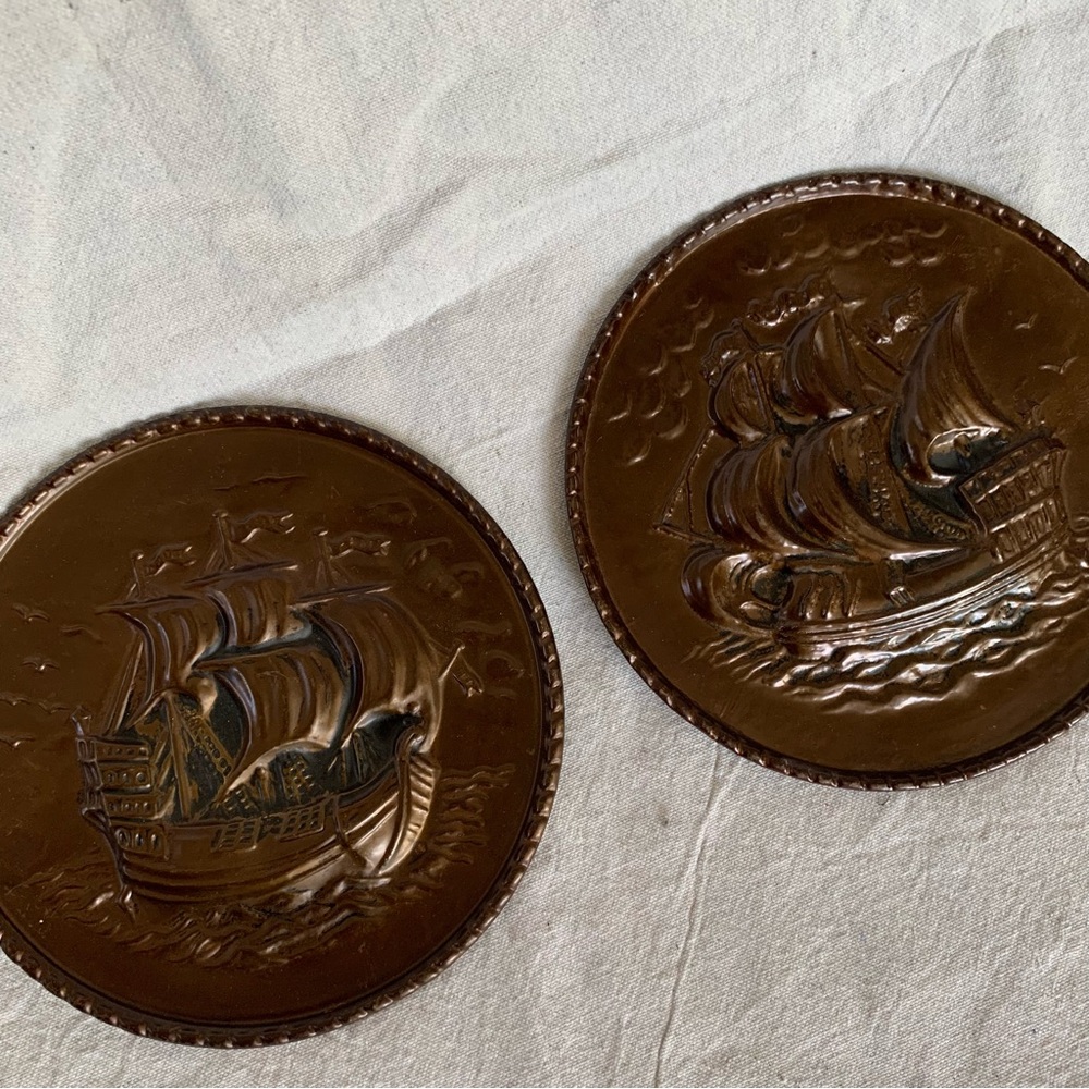 Vintage Brass Nautical Ship Wall Art Set